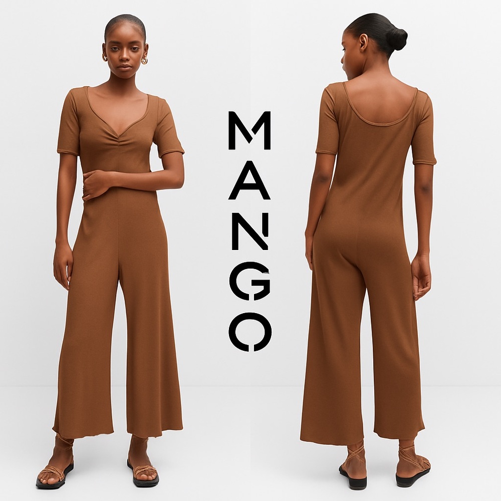 Mango Brown Ribbed Knit Cropped Wide Leg Jumpsuit Short Sleeve NWT Size L #137